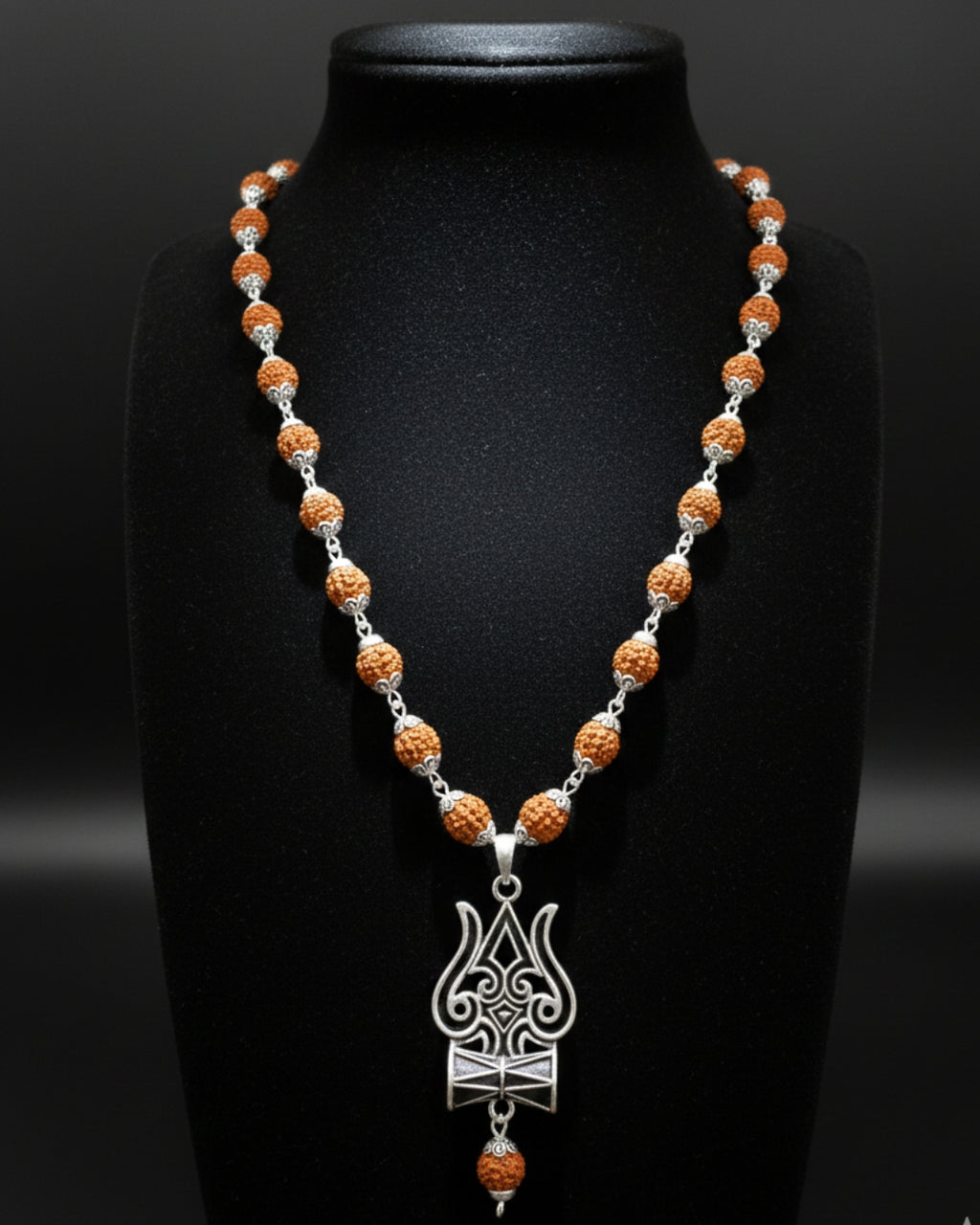 Oxidised Trishul Damru Pendant Mala for Men & Women | Natural Bead Chain