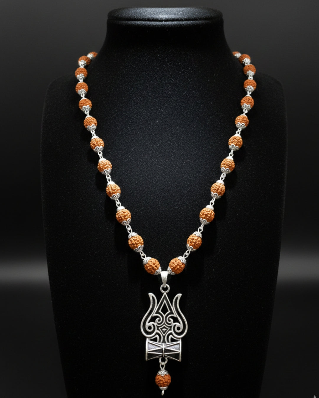 Oxidised Trishul Damru Pendant Mala for Men & Women | Natural Bead Chain