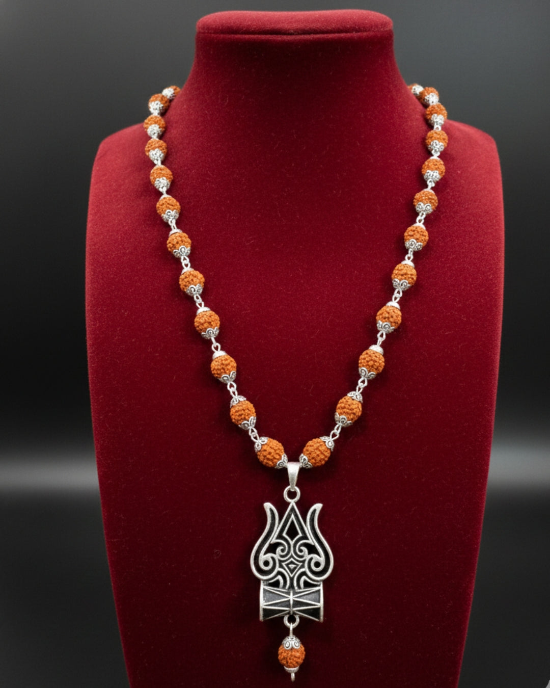 Oxidised Trishul Damru Pendant Mala for Men & Women | Natural Bead Chain