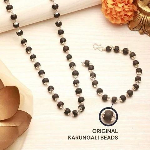 Silver Accented Karungali Wood Mala + Bracelet Set