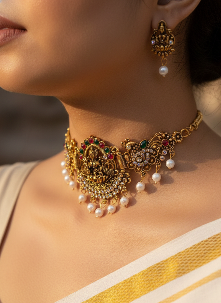 Classic Lakshmi Style Antique Choker Set – Multicolour Stonework & Pearl Edging
