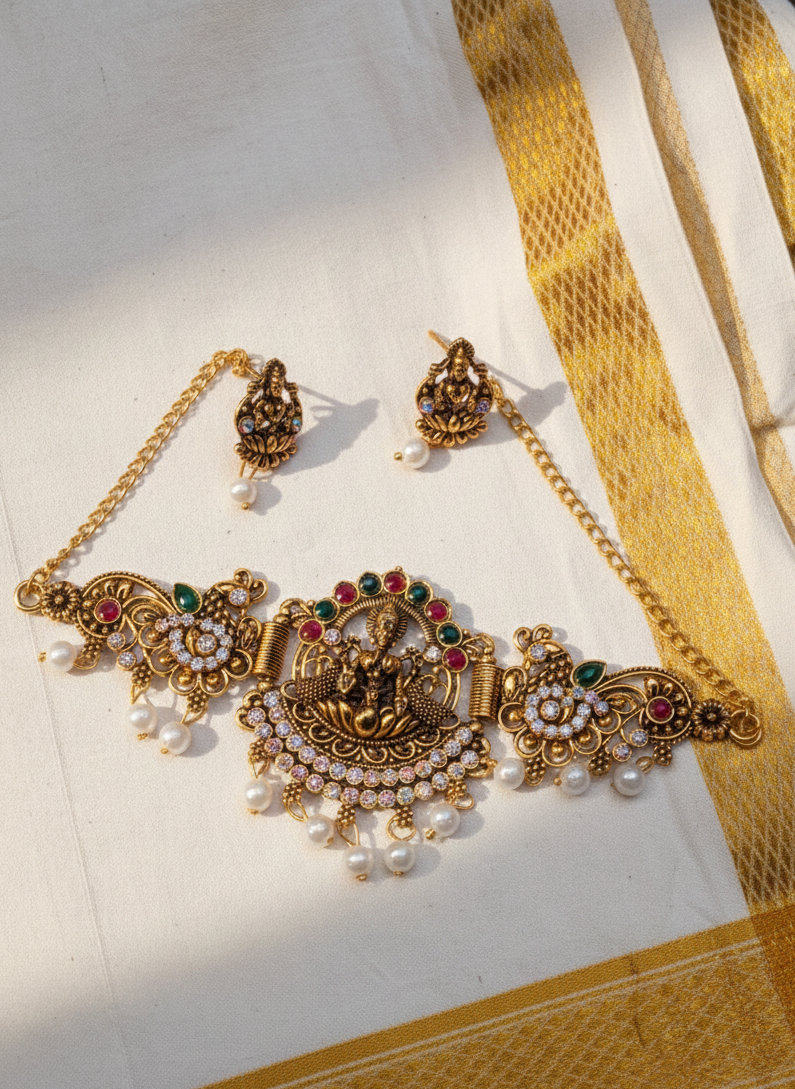 Classic Lakshmi Style Antique Choker Set – Multicolour Stonework & Pearl Edging