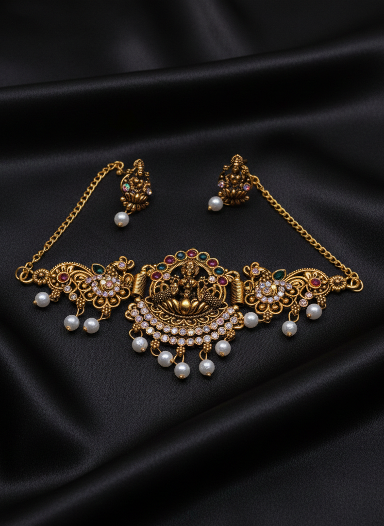 Classic Lakshmi Style Antique Choker Set – Multicolour Stonework & Pearl Edging