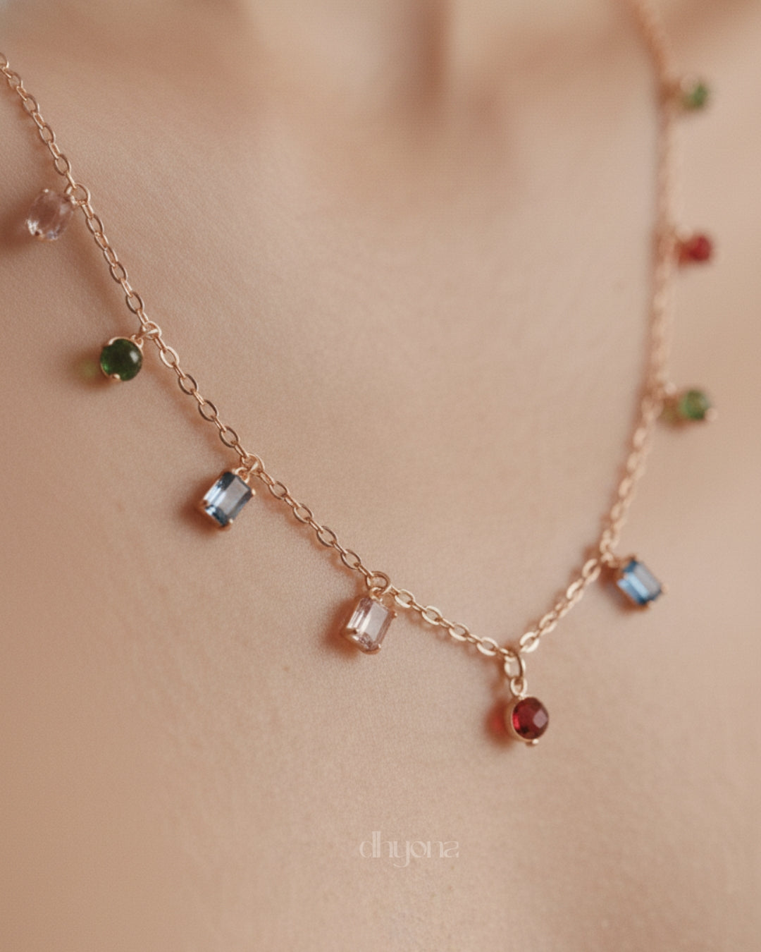 Elegant Multicolor Crystal Charm Necklace – Minimal Rose Gold Chain