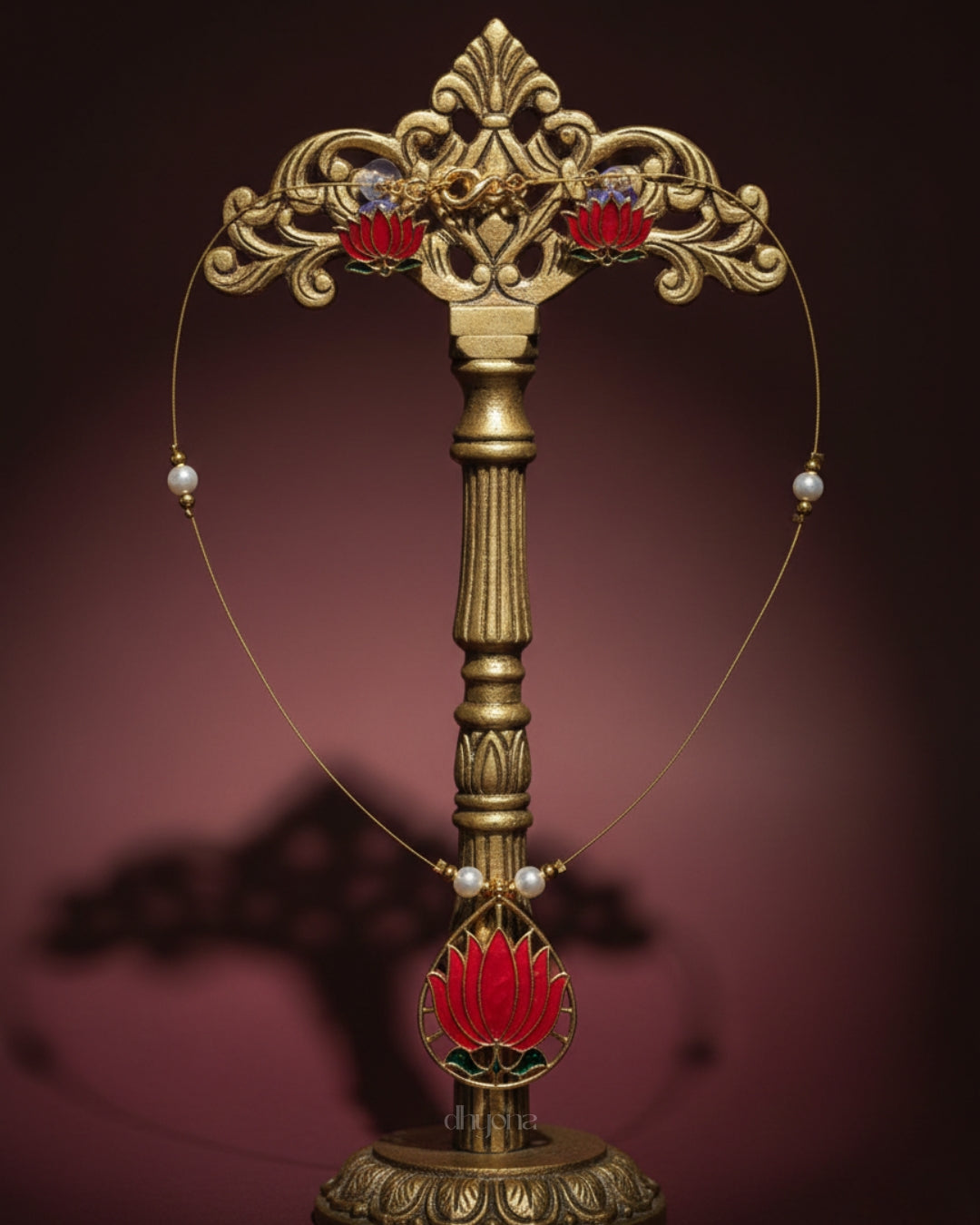 Red Lotus Pendant Necklace Set with Matching Earrings