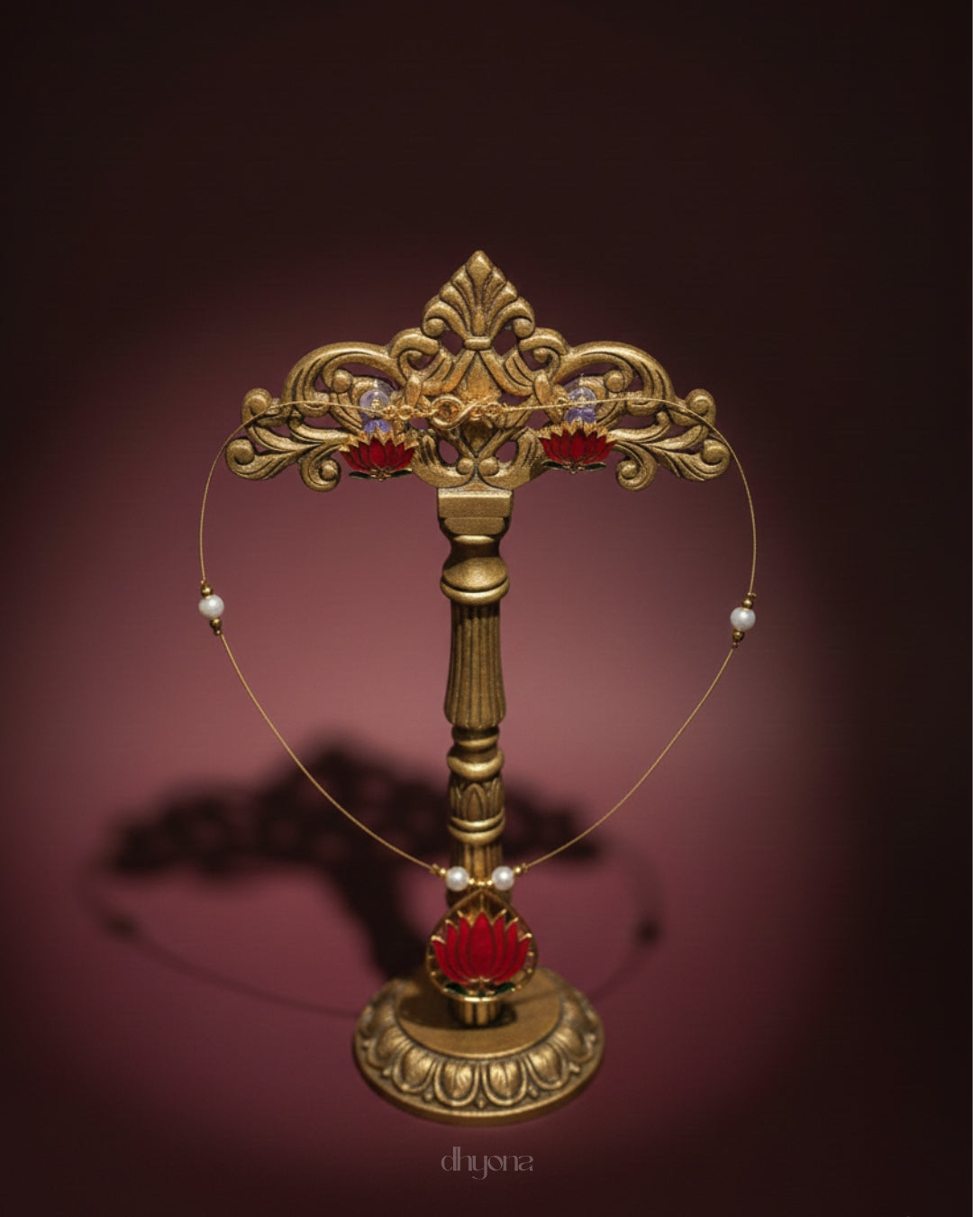 Red Lotus Pendant Necklace Set with Matching Earrings